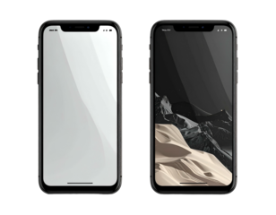 Two modern smartphones with black bezels, one white screen and one landscape background
