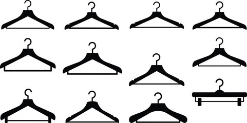 Set of clothes hanger silhouettes in different designs and styles, black vector illustration for wardrobe, boutique, laundry, and fashion store concepts