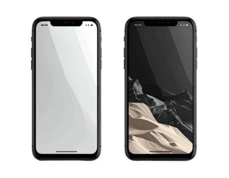 Two modern smartphones with black bezels, one white screen and one landscape background