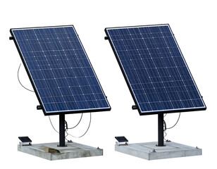 Two tilted, rectangular solar panels on concrete bases, generating power