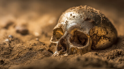 Ancient human skull partially buried in dry, dusty soil with a blurred natural background, evoking themes of archaeology and the passage of time