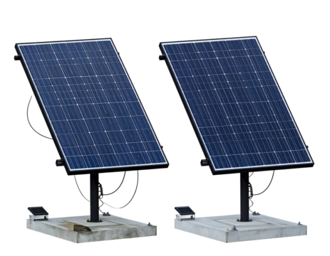 Two tilted, rectangular solar panels on concrete bases, generating power