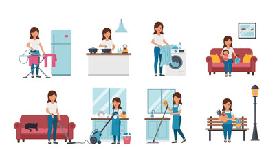 Set of Eight Flat Vector Illustrations of Woman Doing Household Chores