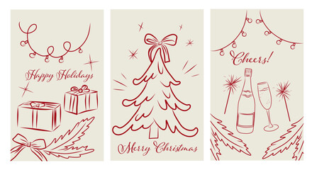 Chalk sketch Christmas and New Year design set. Retro doodle collection for festive greeting cards, posters, placards, and invitation templates.