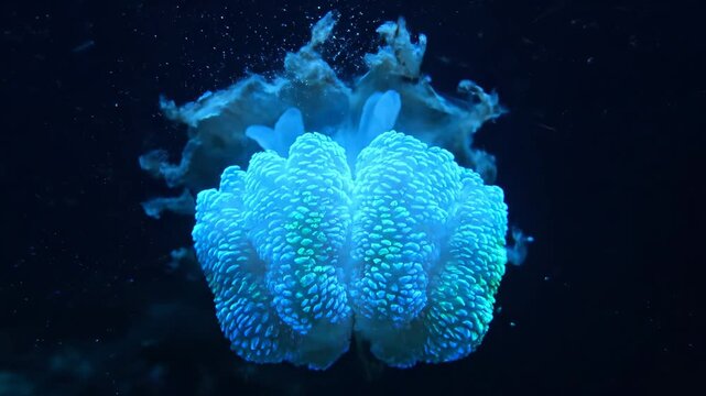 Jellyfish slowly pulsating through dark blue ocean water, showing its translucent bell and intricate oral arms with symbiotic algae, highlighting marine life and underwater beauty