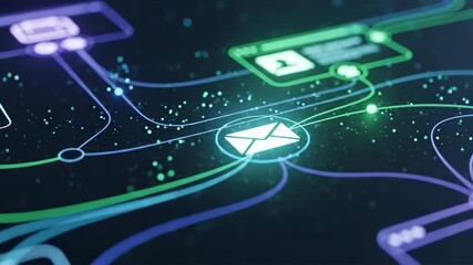 Digital communication network with glowing email icon and interconnected nodes representing data flow and internet connectivity. - Powered by Adobe