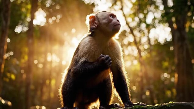 monkey day capuchin sits on rock in golden jungle light
