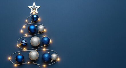 Creative holiday tree made of glowing lights, blue and silver ornaments, and a star topper on a dark blue background. Perfect for Christmas and New Year celebration themes and festive greetings.