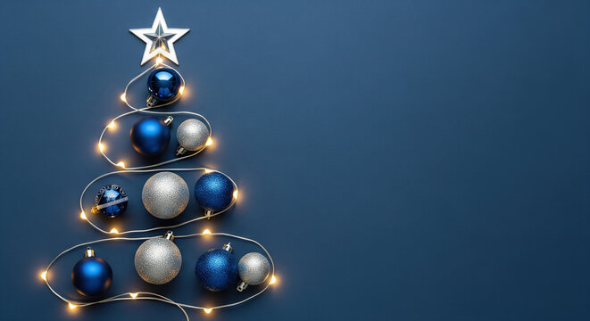 Creative holiday tree made of glowing lights, blue and silver ornaments, and a star topper on a dark blue background. Perfect for Christmas and New Year celebration themes and festive greetings.