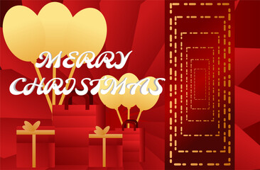 Merry Christmas Red and Gold Background with Balloons and Gift Boxes