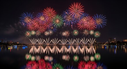 Spectacular Fireworks Display Over Water Reflecting in the Night Sky.