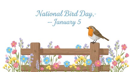 National bird day celebrated on january 5 with bird on fence isolated on white background