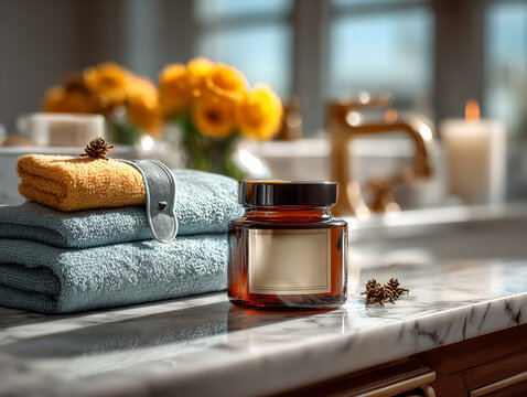 Luxury bathroom interior with cleansing balm and spa decor. Wellness and self care atmosphere. 