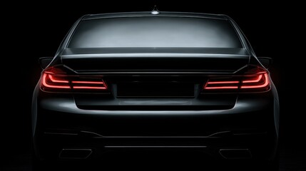 A stylish black car is parked in a dimly lit setting, showcasing its elegant design and glowing red tail lights. The sleek shape enhances its modern appeal