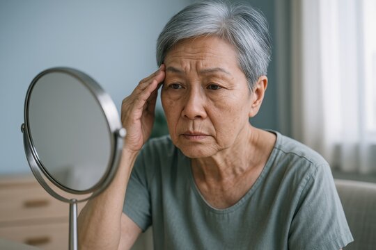 Pensive mature Asian woman critically reflects on her face in a vanity mirror, contemplating aging worries and skin care concerns in a tranquil home