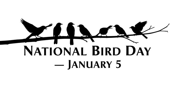 Silhouetted birds on a branch for national bird day isolated on white background - Powered by Adobe