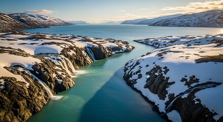 Stunning aerial view of a turquoise river flowing through a snowy landscape.