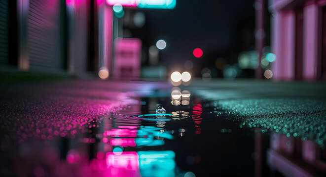 Rainy night street with neon lights reflecting in puddles, urban atmosphere - Powered by Adobe