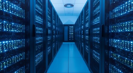 Server Room Data Center with Rows of Rack Servers.
