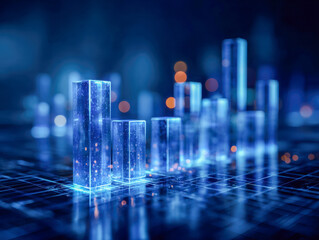 Futuristic digital data visualization with glowing blue translucent bar charts representing analytics and technology trends on a dark grid background