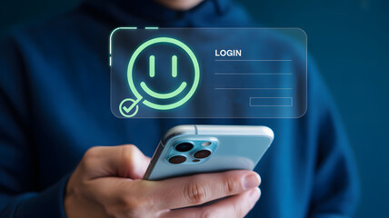 Seamlessly log in with a smiling face icon and checkmark confirming access on a modern smartphone interface for secure digital entry.