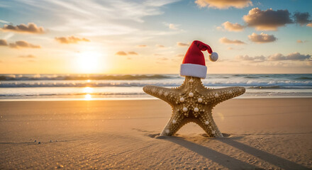Starfish wearing a santa hat on a beach at sunset, celebrating christmas holidays