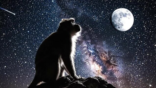 monkey day gazing at full moon and milky way stars