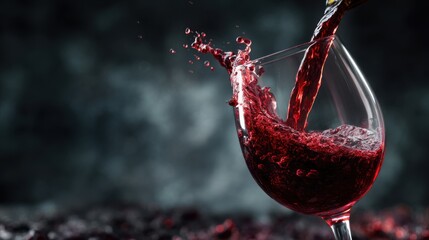 A hand pours rich red wine into a clear glass against a dark backdrop, creating splashes that enhance the vibrant color. The scene captures the elegance of wine pouring