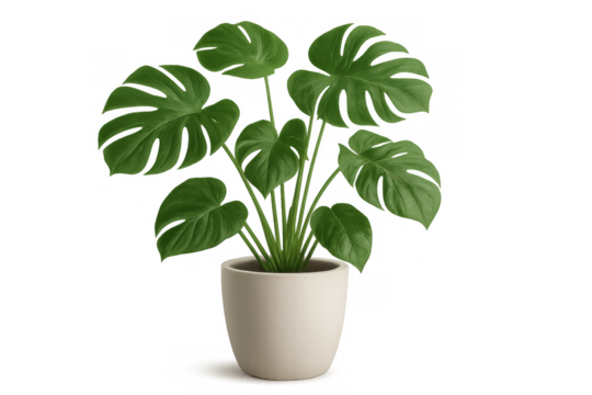 Monstera deliciosa houseplant in white pot with large green leaves on transparent background