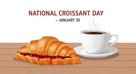 National croissant day illustration with croissant and coffee isolated on white background