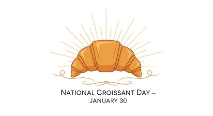 National croissant day illustration with croissant and sun rays isolated on white background