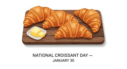 Delicious croissants and butter on a wooden board for national croissant day