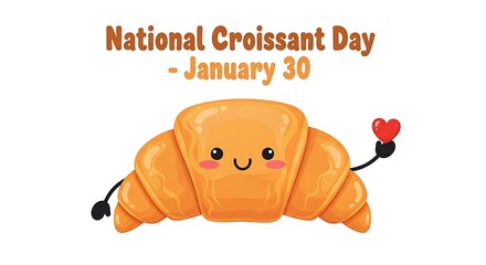 Cute croissant character holding a heart for national croissant day isolated on white background