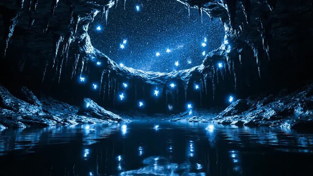 Icy cave opening frames a star-filled night sky that glows above a tranquil frozen lake, delicate ice formations and reflections creating a magical, serene winter scene