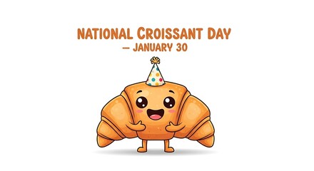 Cartoon croissant with party hat celebrating national croissant day isolated on white background