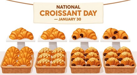 Celebrating national croissant day with variety of pastries isolated on white background