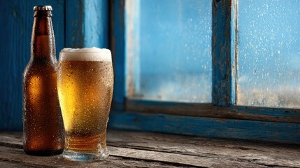 A bottle of beer sits next to a glass filled with cold beer on a wooden table. Rain droplets cover the window, adding a cozy atmosphere to the scene