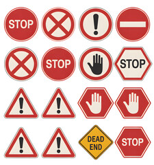 Variety of traffic signs for safety and regulation, with stop, warning, and dead end signs, perfect for educational materials about safety rules