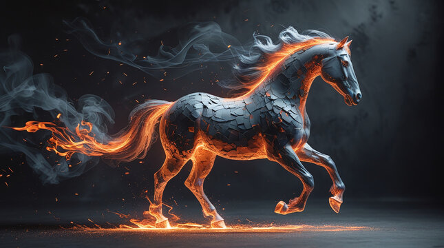 Horse Figure With Scales and Orange Flaming Effect on Dark Backdrop