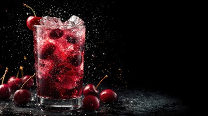 A cold glass filled with cherry drink and ice sits on a dark surface. Fresh cherries surround the glass, creating a vibrant and refreshing atmosphere. Water droplets splash around the ice
