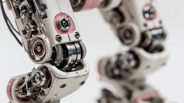 A robot with a pink leg. The robot has a silver leg. Close-up robotic education kit tiny humanoid leg module, joint articulation detail, mechanical learning, robotic education kit