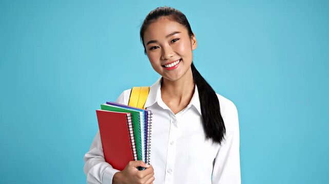 Asian Student with Colorful Notebooks - A smiling young Asian woman in a white shirt is holding a stack of colorful notebooks against a bright blue background.