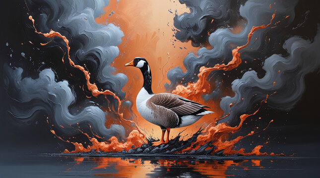 Goose standing in the water with textured orange and gray cloudy background