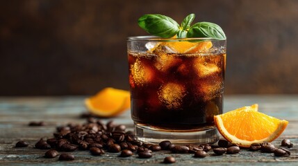 A glass filled with a cold coffee drink features ice cubes and fresh basil. Fresh orange slices and coffee beans surround the glass on a rustic wooden table