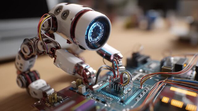 A robot is working on a computer chip. The robot is white. Close-up robotic education kit using small structured light depth module, future learning pipeline, robotic education kit