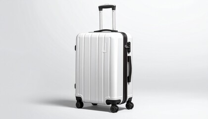 A white rolling suitcase with a telescopic handle and four spinner wheels, perfect for travel