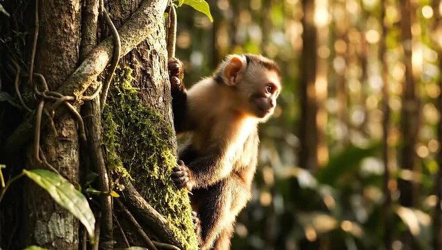 monkey day wild capuchin in sunlit rainforest