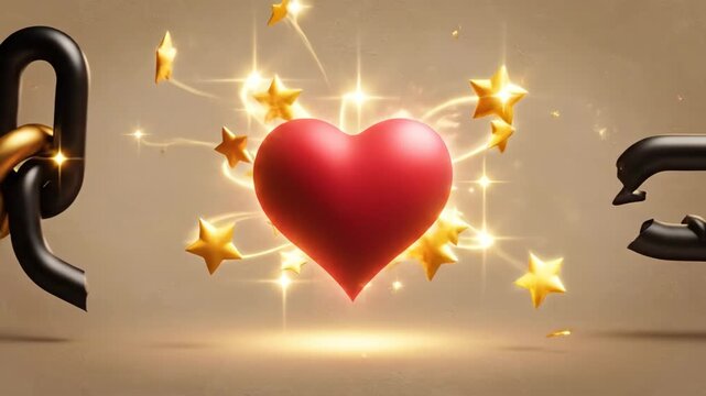 Freedom of Love Concept - This video shows a vibrant red heart surrounded by broken chains and shining stars, symbolizing the freedom of love. The background has a neutral color scheme.
