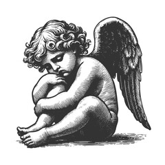 Fototapeta premium sorrowful cherub angel sitting with head bowed and wings folded sketch engraving generative ai fictional character vector illustration. Scratch board imitation. Black and white image.