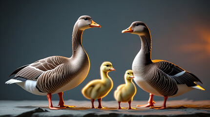 Two adult geese looking at two young goslings on stone surface